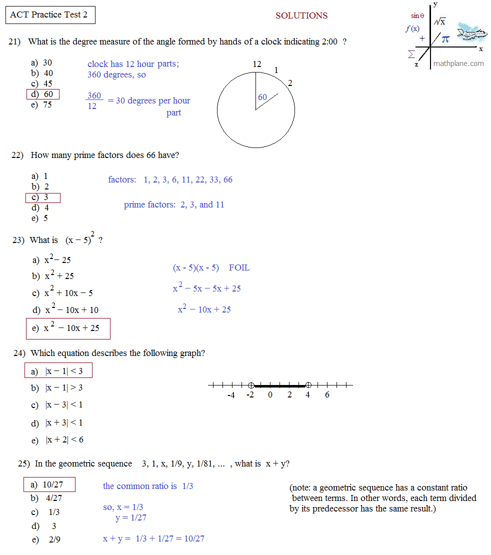 Math Plane - Act Practice Test 2 - Free Printable Act Practice Worksheets