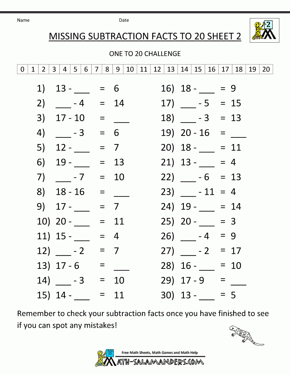 Math Worksheets For 2Nd Grade Missing Subtraction Facts To 20 2 - Free Printable Activity Sheets For 2Nd Grade