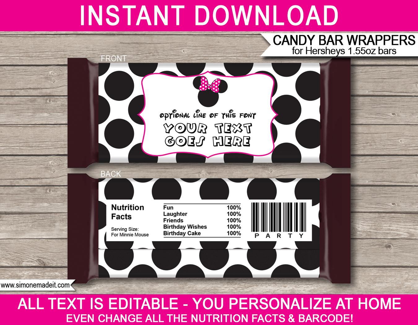 Minnie Mouse Hershey Candy Bar Wrappers | Personalized Candy Bars - Free Printable Birthday Candy Bar Wrappers