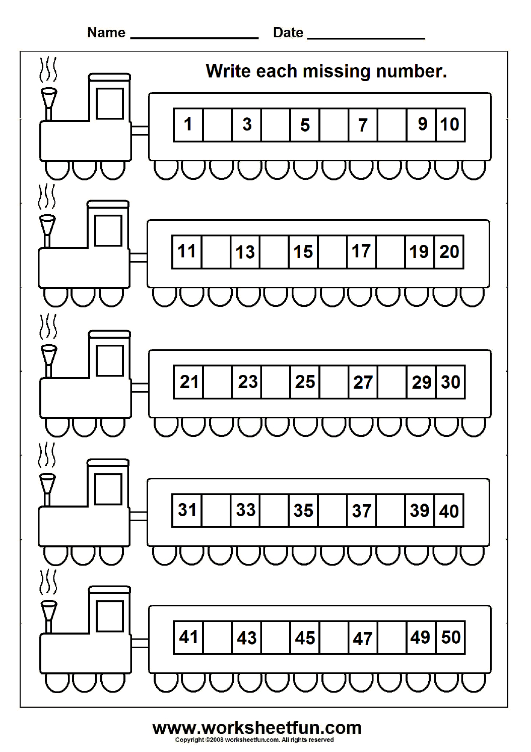 Missing Numbers (1-50) - Train - Worksheet 1 - Download Missing - Free Printable Missing Number Worksheets