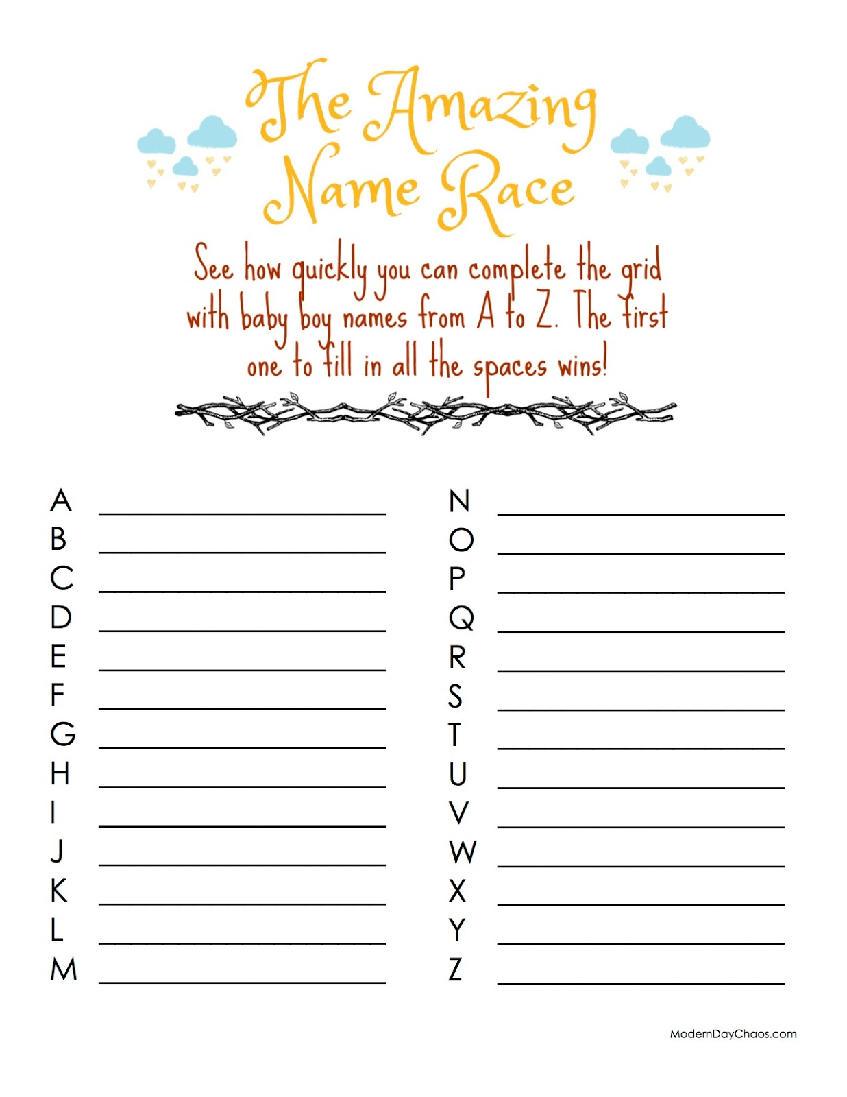 Modern Day Chaos: Free Printable - Baby Shower Game (Boy) - Baby Name Race Free Printable