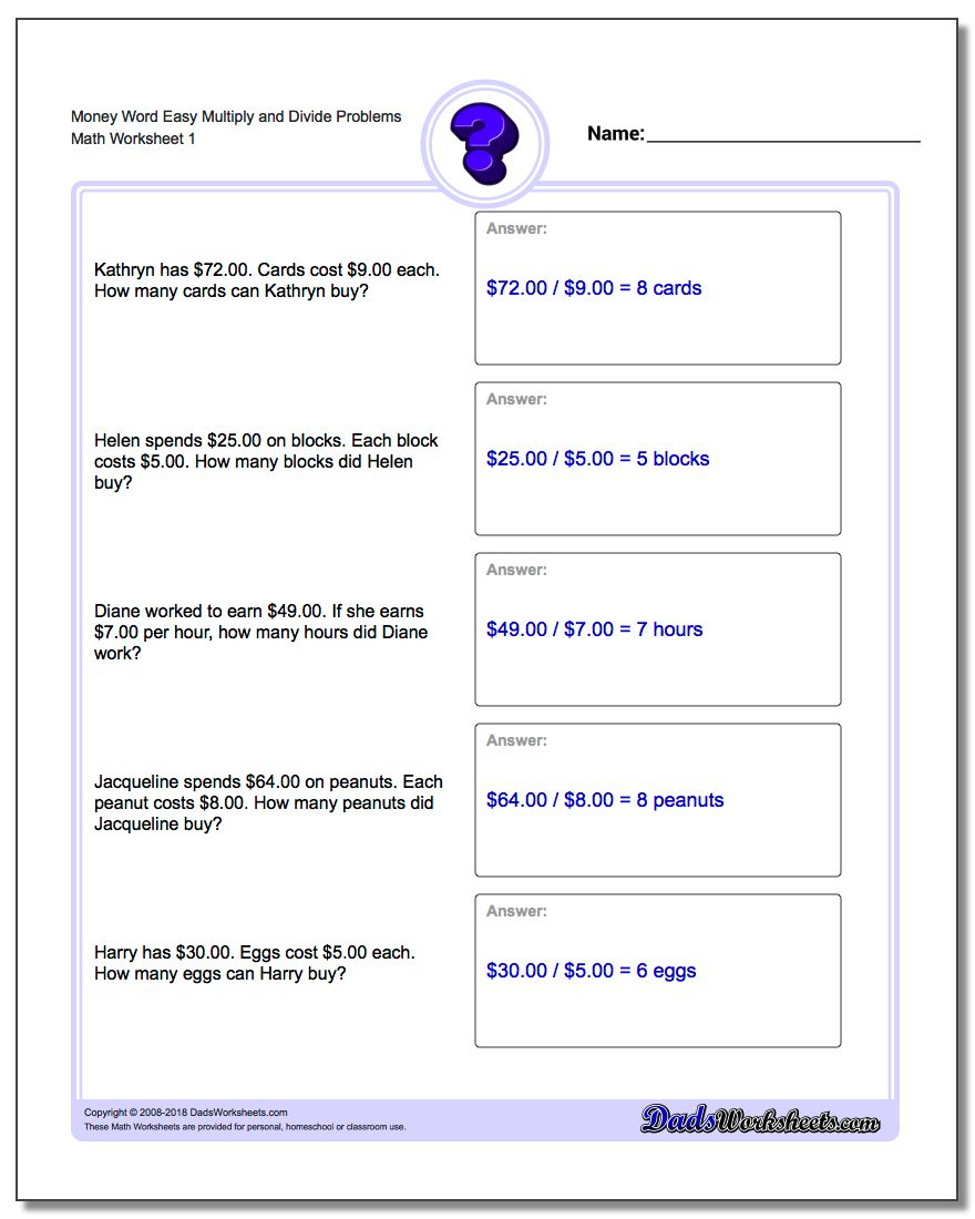 Money Word Problems - Free Printable Division Word Problems Worksheets For Grade 3