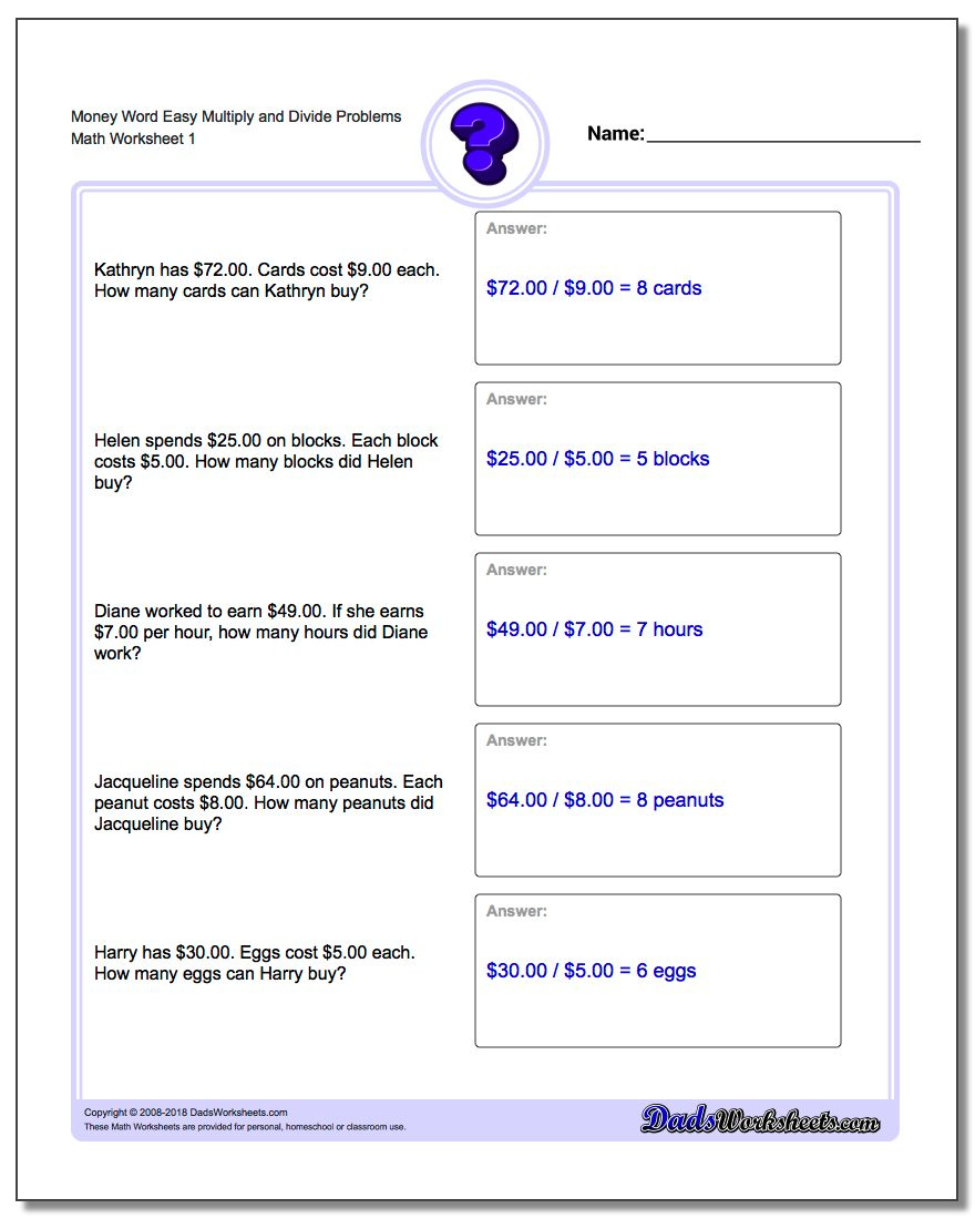 Money Word Problems - Free Printable Making Change Worksheets