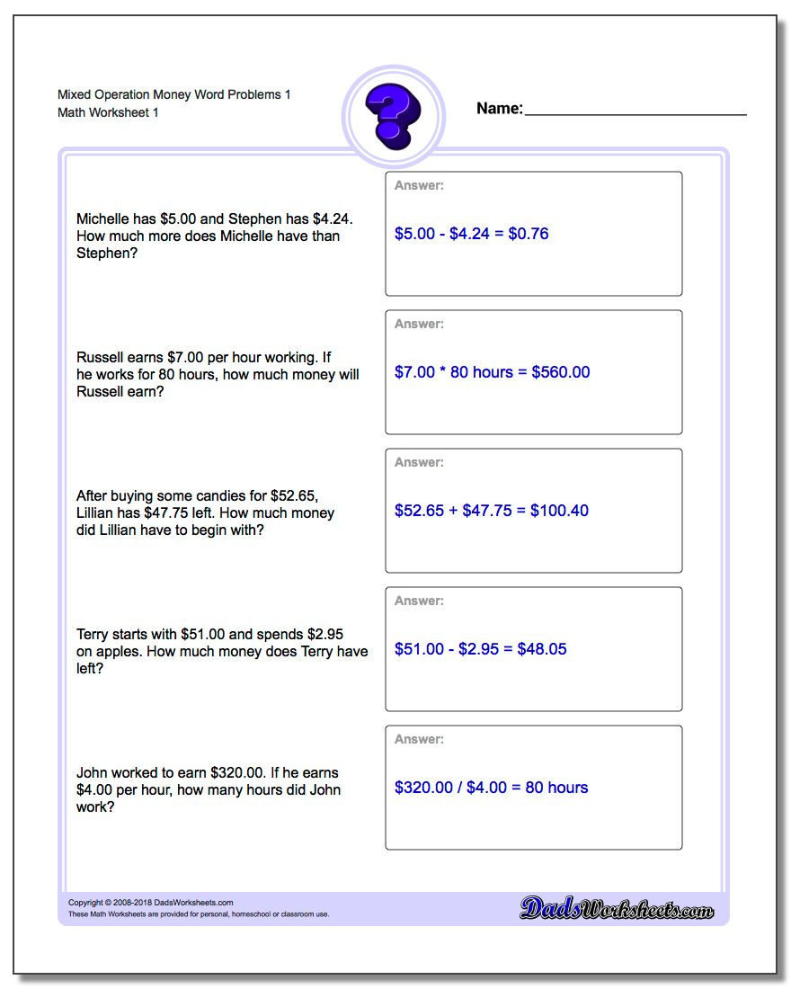 Money Word Problems - Free Printable Money Word Problems Worksheets