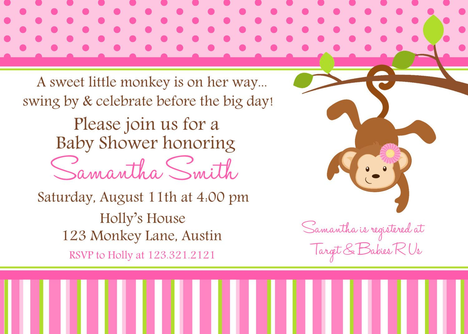 Monkey Baby Shower Printable Invitation, Personalized Pink Monkey - Free Printable Monkey Girl Baby Shower Invitations