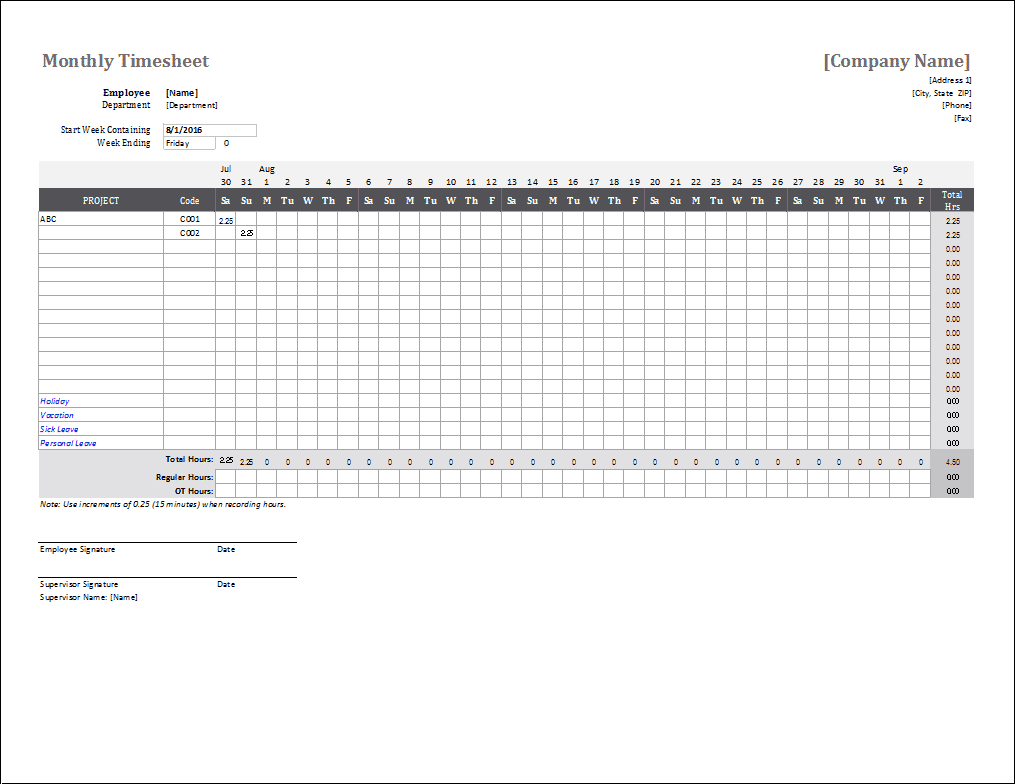 Monthly Timesheet Template For Excel - Free Printable Time Sheets Pdf