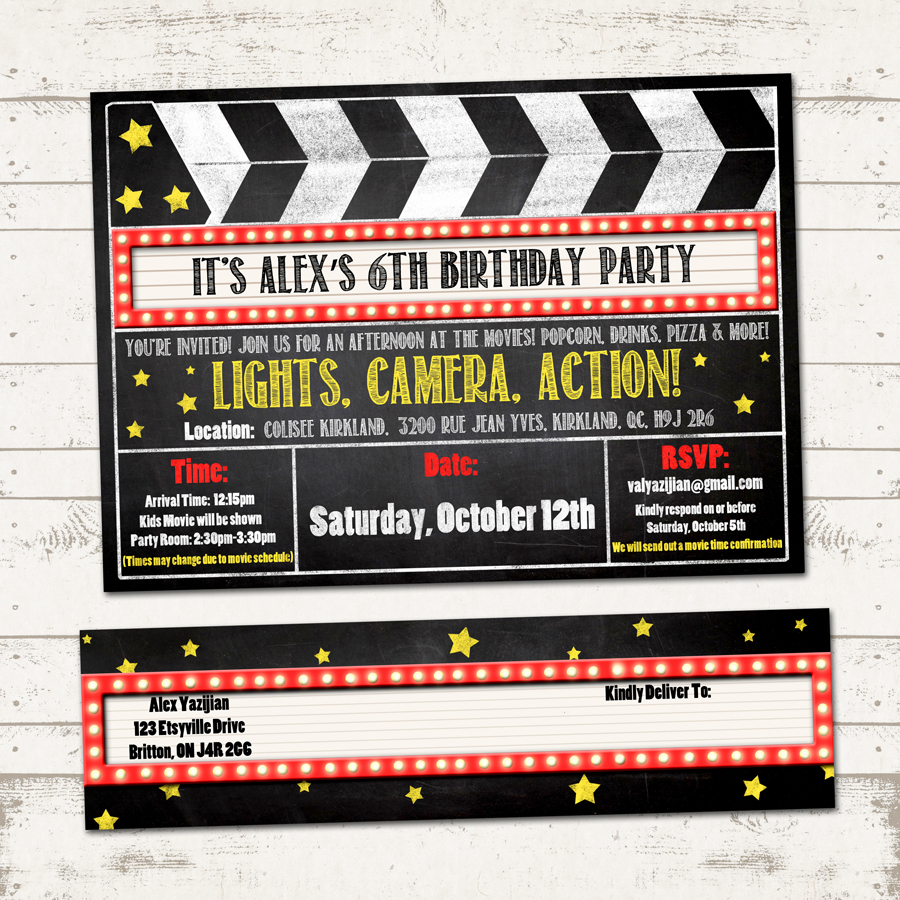 Movie Birthday Party Invitation With Wrap Around Address Labels - Movie Birthday Party Invitations Free Printable