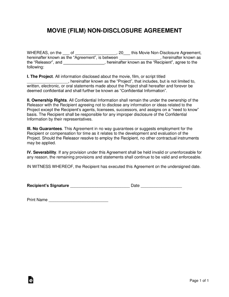 Movie (Film) Non-Disclosure Agreement (Nda) Template | Eforms – Free - Free Printable Non Disclosure Agreement Form
