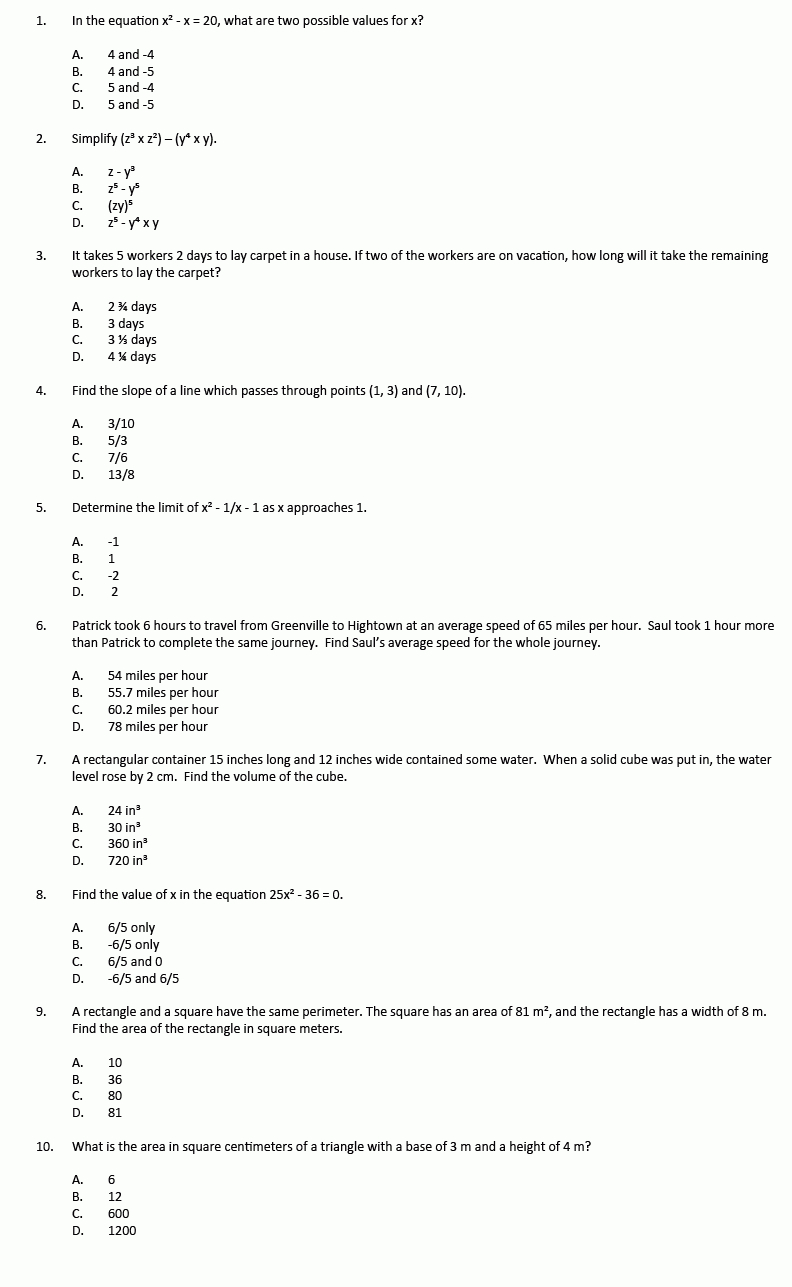 Teas Practice Questions Math