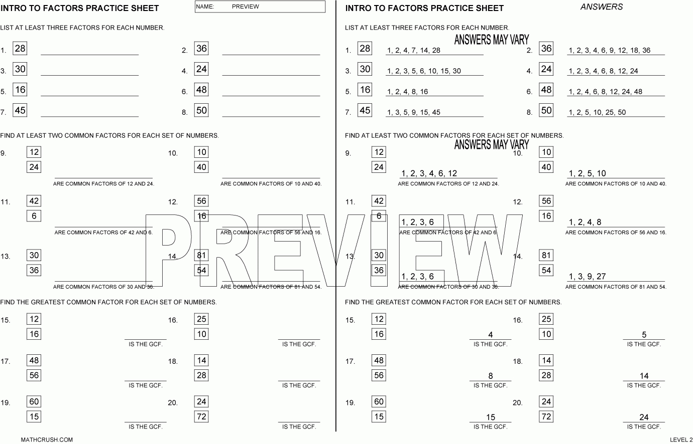 Multiples And Factors Worksheetsmath Crush - Free Printable Greatest Common Factor Worksheets