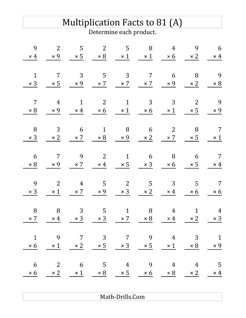 Multiplication Facts To 81 (A). This Is An Easy To Print Site For - Free Printable Multiplication Fact Sheets