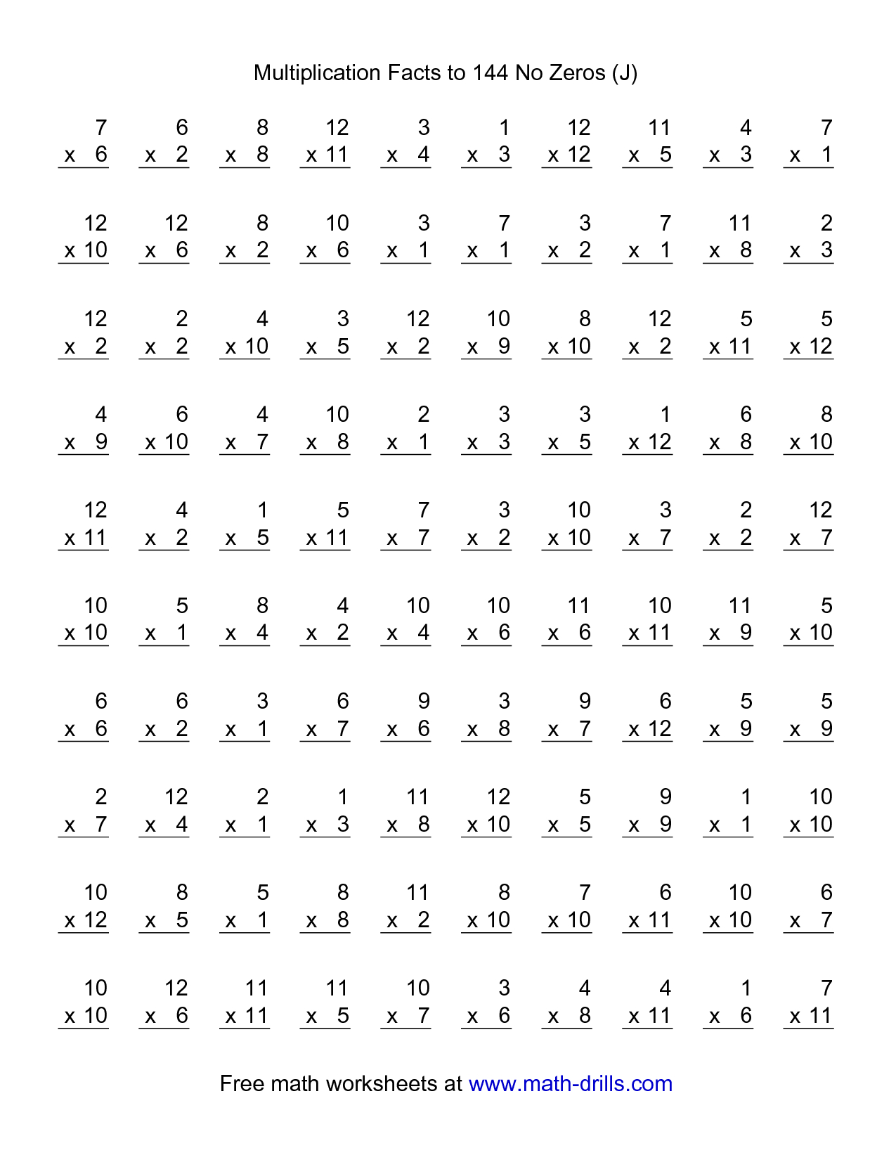 Multiplication Facts Worksheets | Multiplication Facts To 144 No - Free Printable Multiplication Fact Sheets