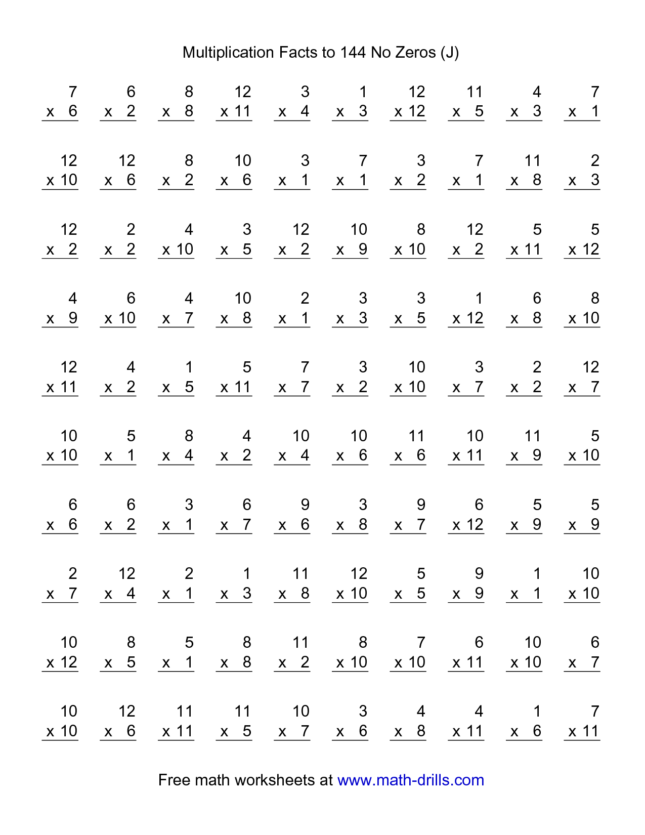 Multiplication Facts Worksheets | Multiplication Facts To 144 No - Free Printable Multiplication Sheets