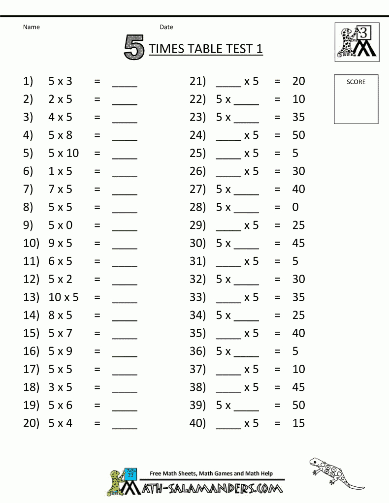 Multiplication Printable Worksheets 5 Times Table Test 1 | Kids - Free Printable Multiplication Worksheets For 5Th Grade