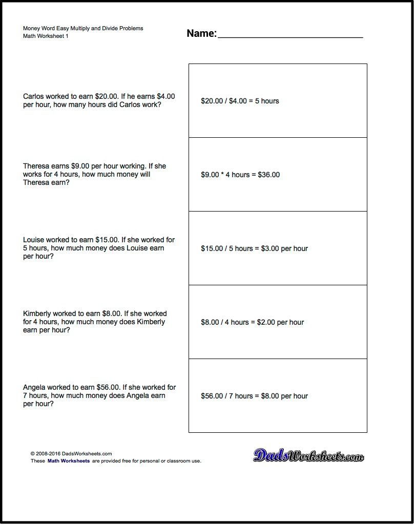 Multiplication Worksheet And Division Worksheet Money Word Problems - Free Printable Money Word Problems Worksheets