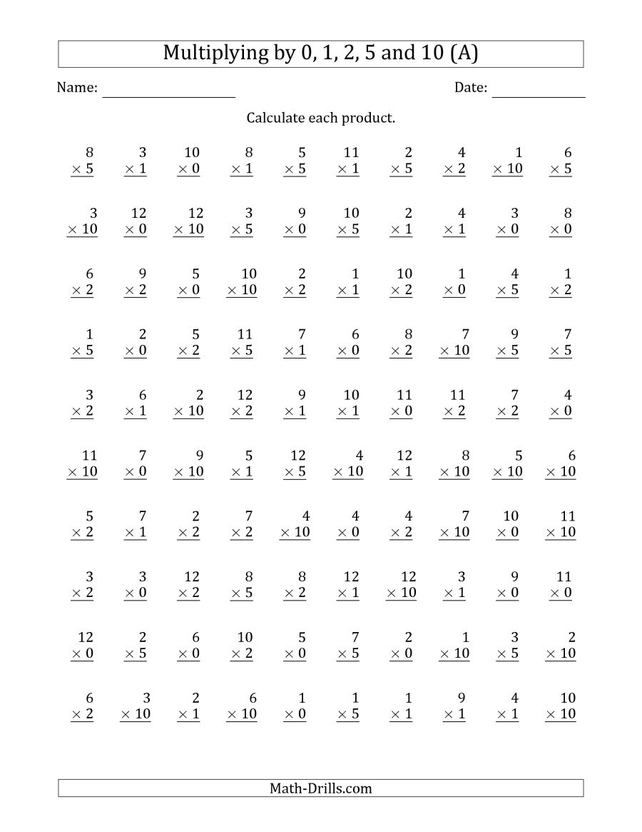 Multiplyinganchor Facts 0, 1, 2, 5 And 10 (Other Factor 1 To 12) (A) - Free Printable Multiplication Flash Cards 0 10