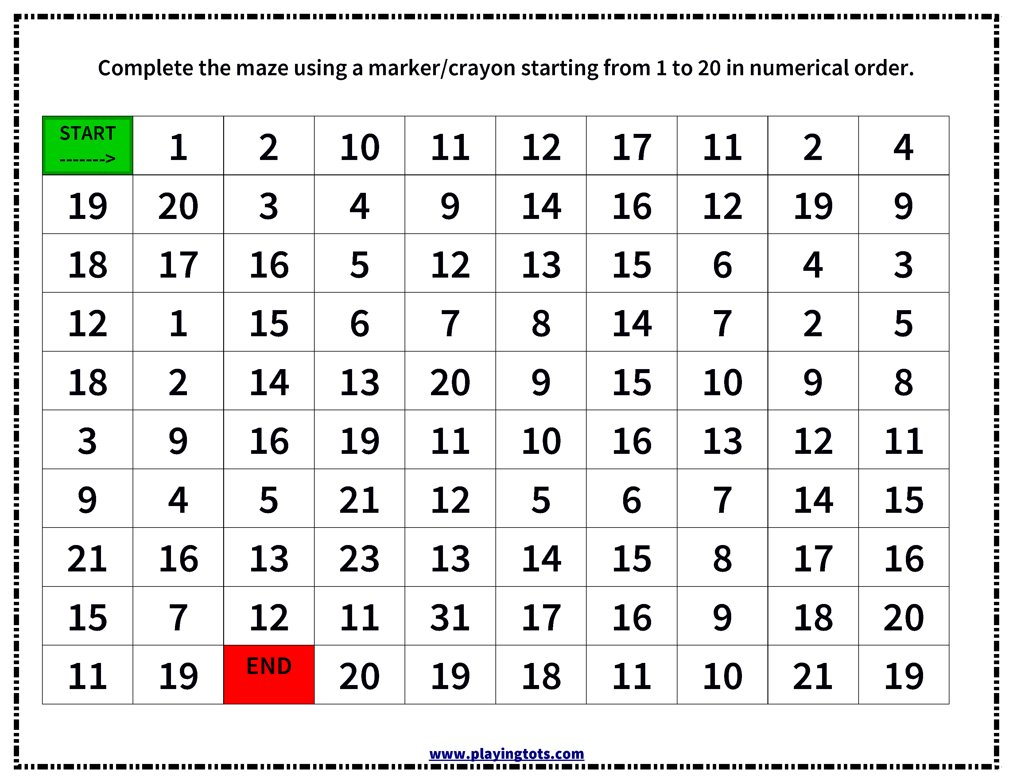 Number Maze Worksheet,order,free,printable,1,20,toddler,preschool - Free Printable Numbers 1 20