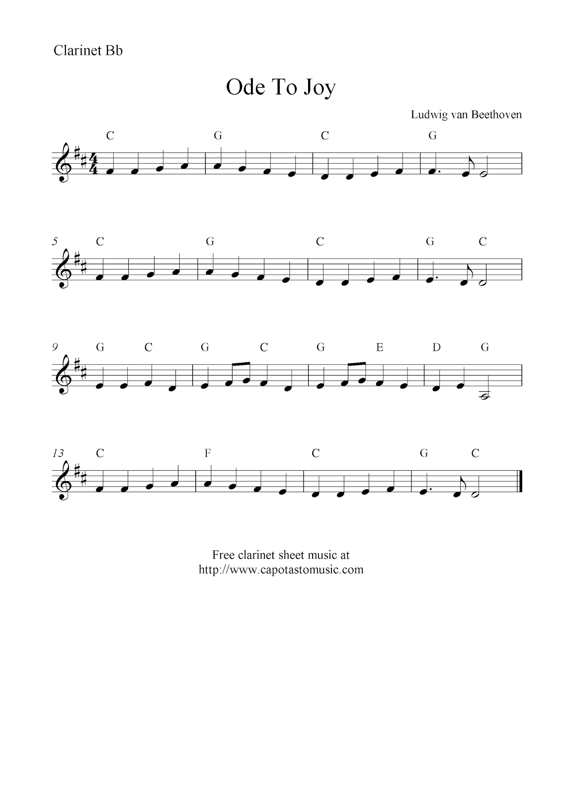 Ode To Joybeethoven, Free Clarinet Sheet Music Notes - Free Printable Christmas Sheet Music For Clarinet