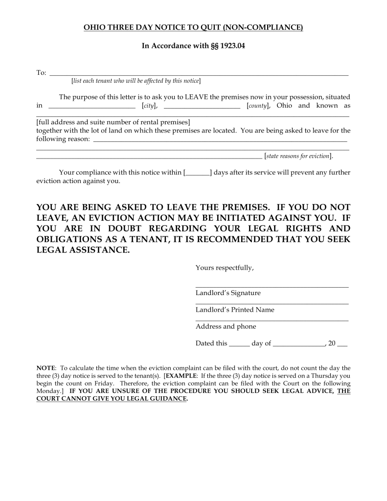 Ohio 3-Day Notice To Quit Form | Non-Compliance | Eforms – Free - Free Printable Eviction Notice Ohio