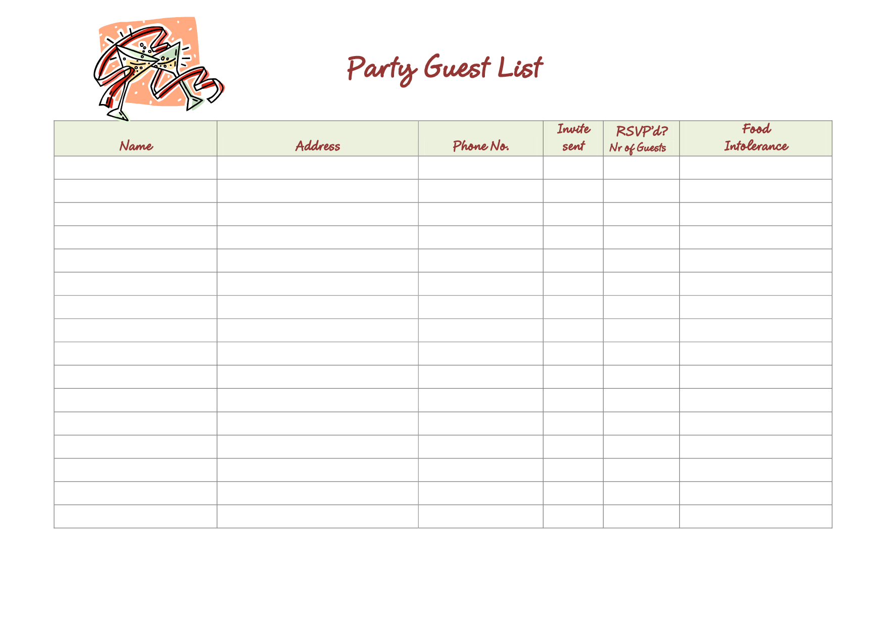 Party Guest List Template. Impressive Excel Contact List Template - Free Printable Birthday Guest List