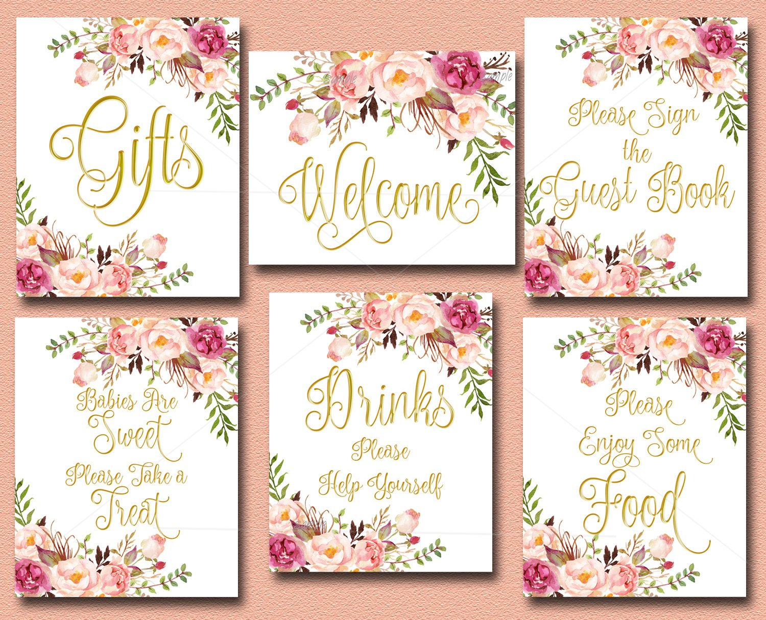 Peach Floral Baby Shower Table Signs Set Of 6 Gold Boho Baby | Etsy - Free Printable Baby Shower Table Signs