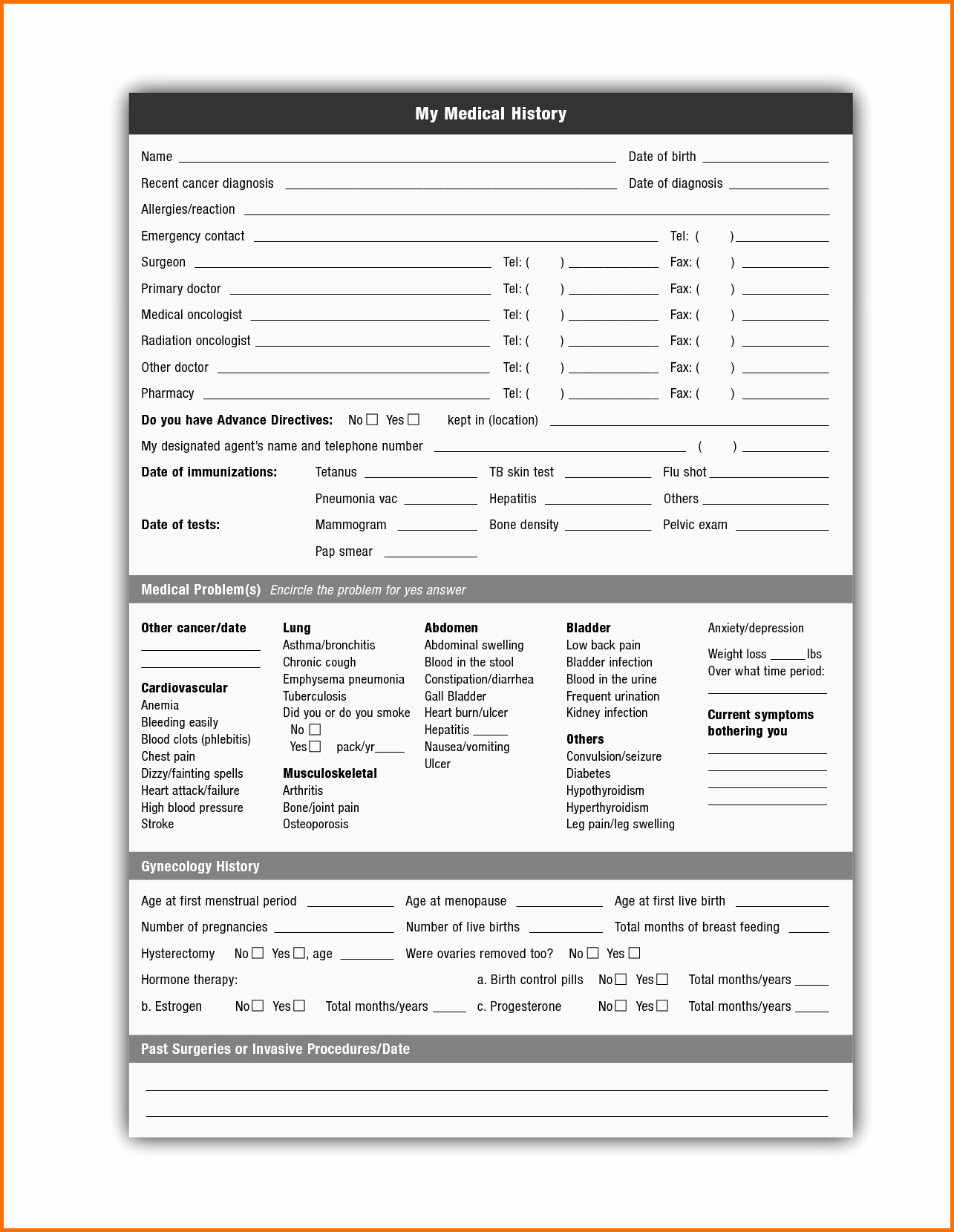 Personal History Printable Medical Form | Www.topsimages - Free Printable Personal Medical History Forms