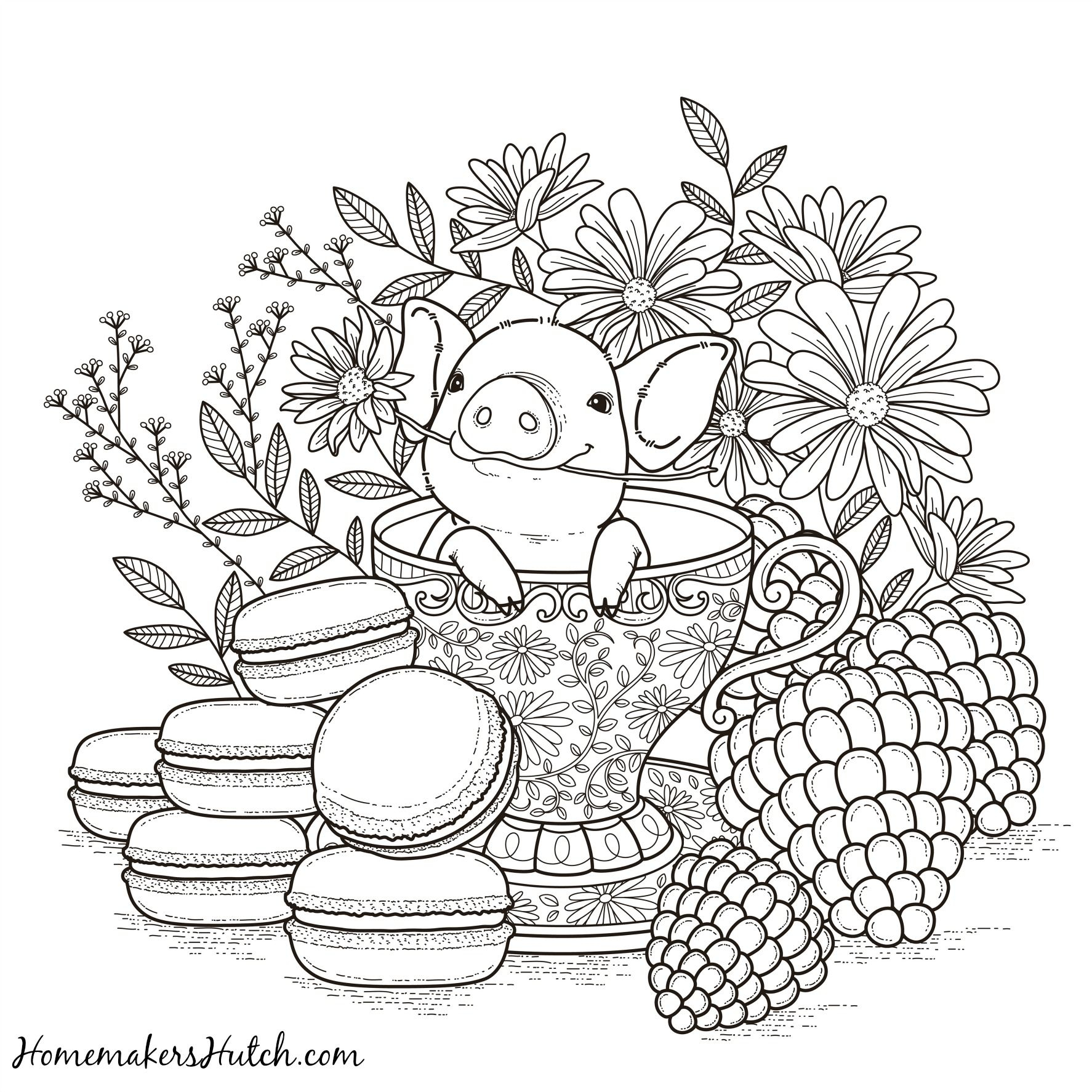 Pig In A Tea Cup - Adult Coloring Page | Coloring | Adult Coloring - Free Printable Tea Cup Coloring Pages