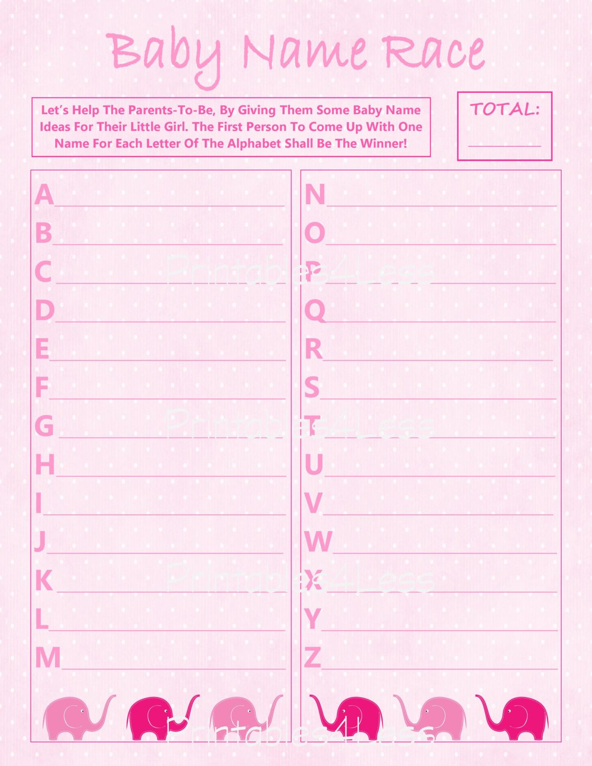 Pink Elephant Name Race Baby Name Race Printable Cheap Baby | Etsy - Baby Name Race Free Printable