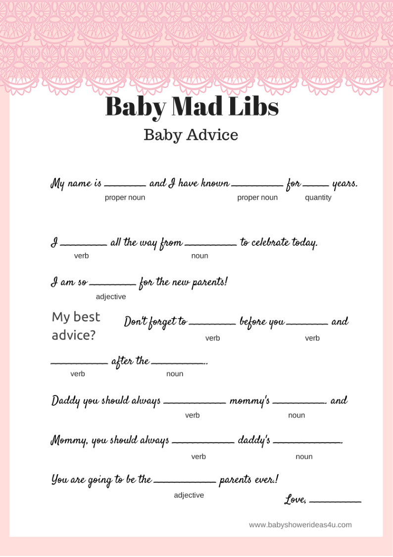 Pink-Lace-Free-Baby-Shower-Mad-Libs-Baby-Advice | Mad Hatter Baby - Baby Shower Mad Libs Printable Free