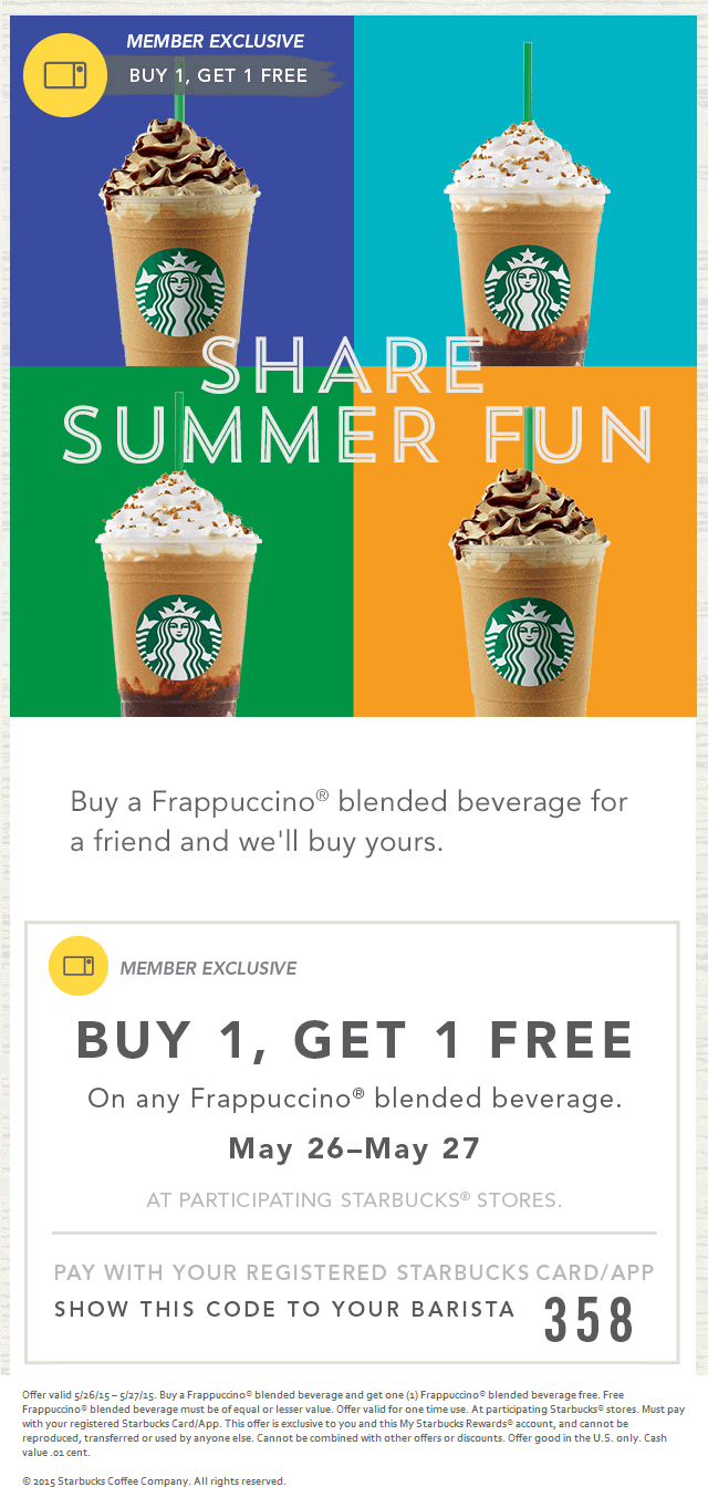 Pinned May 26Th: Second Frappuccino Free With Your Card At - Free Starbucks Coupon Printable