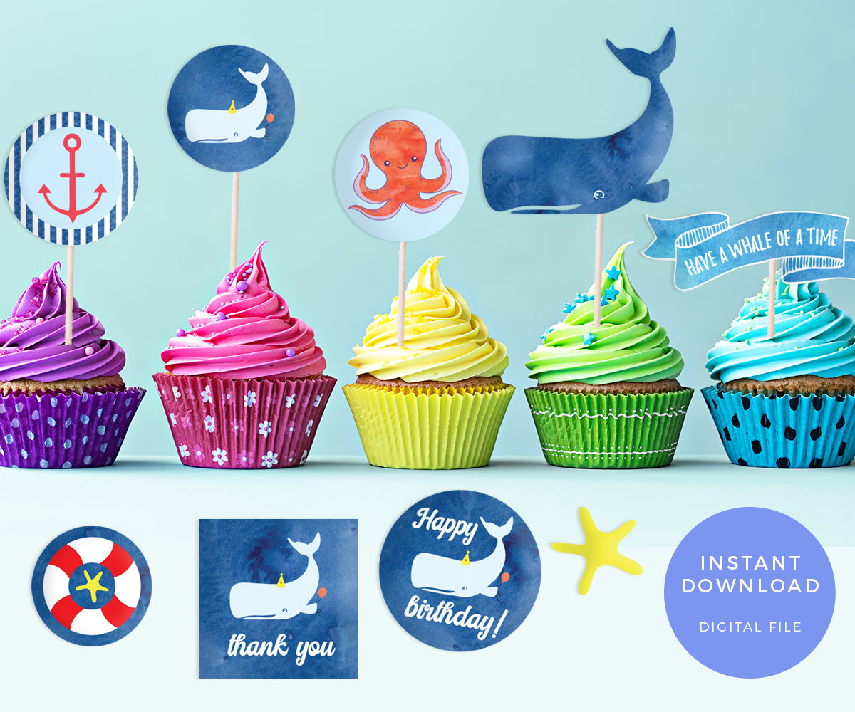 Pool Party Cupcake Toppers Printable Pool Party Labels Under | Etsy - Free Printable Whale Cupcake Toppers