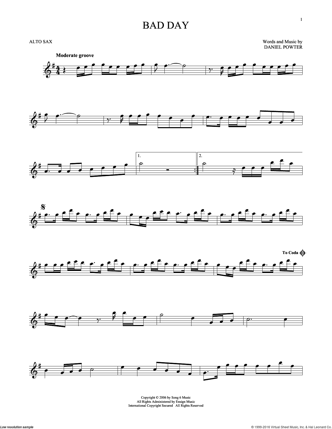 Powter - Bad Day Sheet Music For Alto Saxophone Solo [Pdf] | Kyle - Bad Day Piano Sheet Music Free Printable