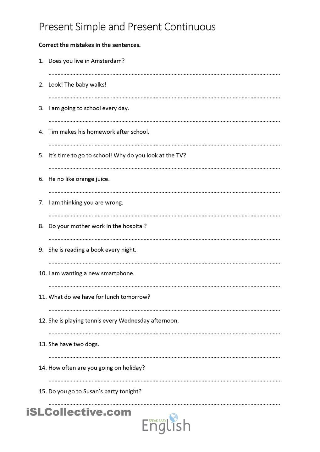 Present Simple/continuous Error Correction With Answers | Teaching - Free Printable Sentence Correction Worksheets