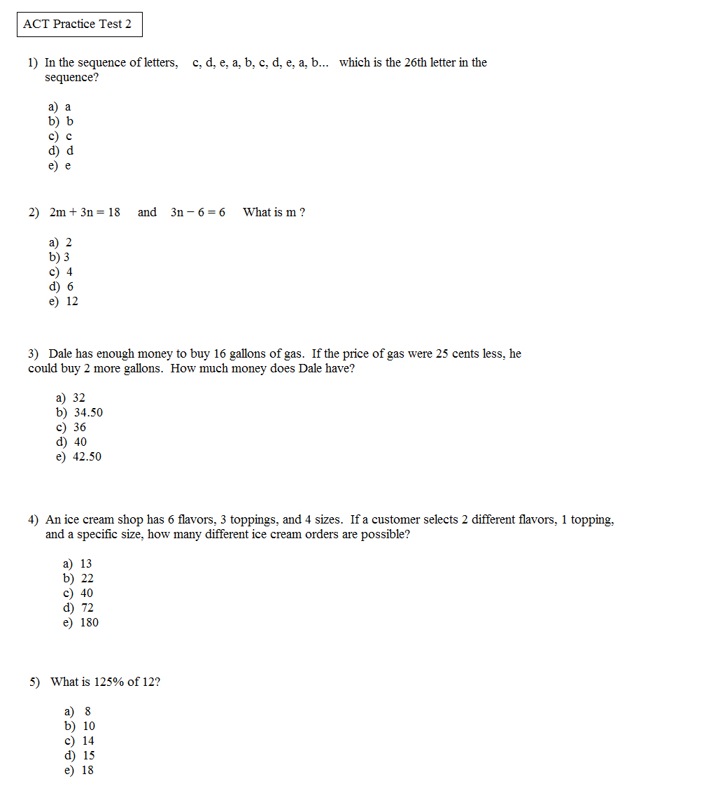 Printable Act Practice Math Test With Answers – Ezzy - Free Printable Act Practice Worksheets
