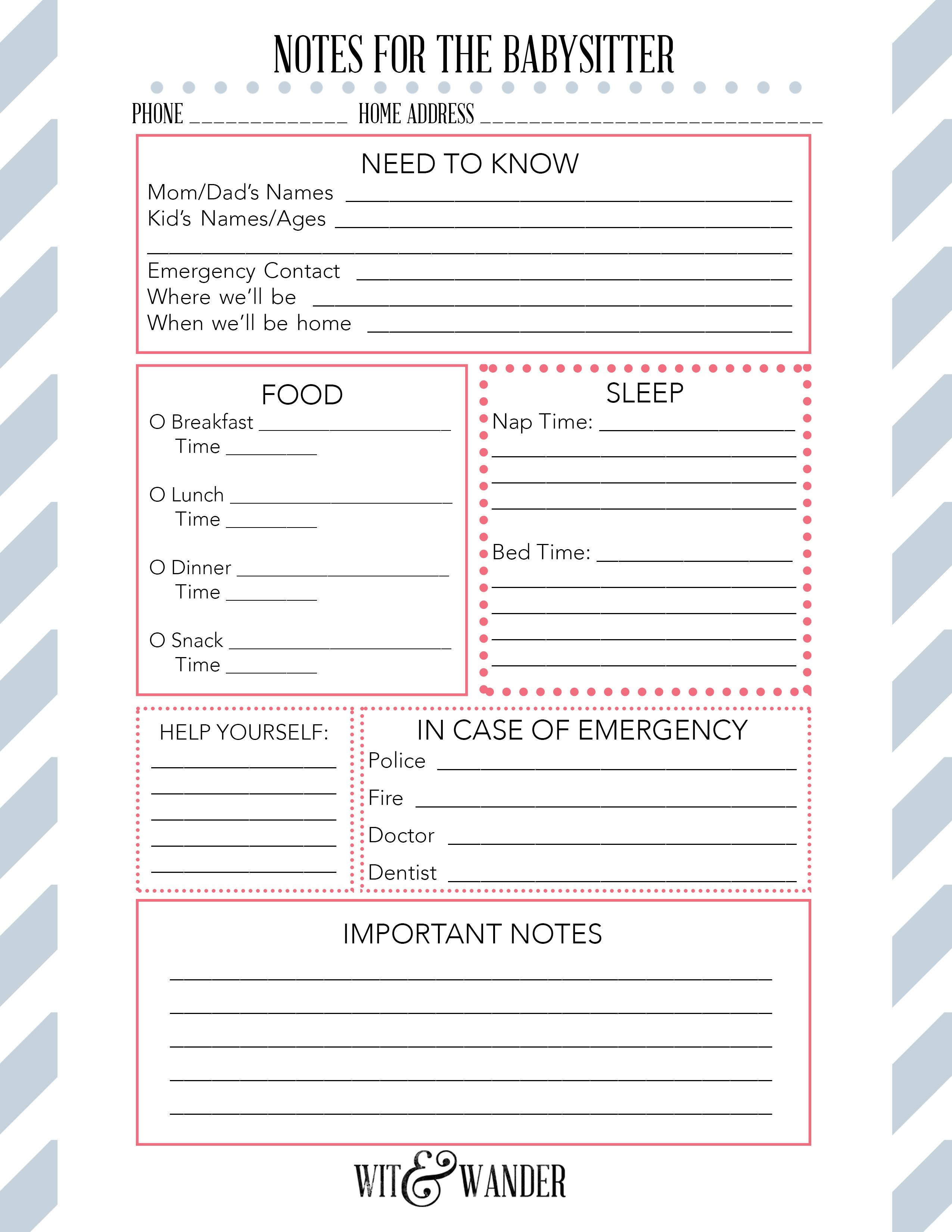 Printable Babysitter Notes + Diy Babysitter&amp;#039;s Box - Wit &amp;amp; Wander - Babysitter Notes Free Printable