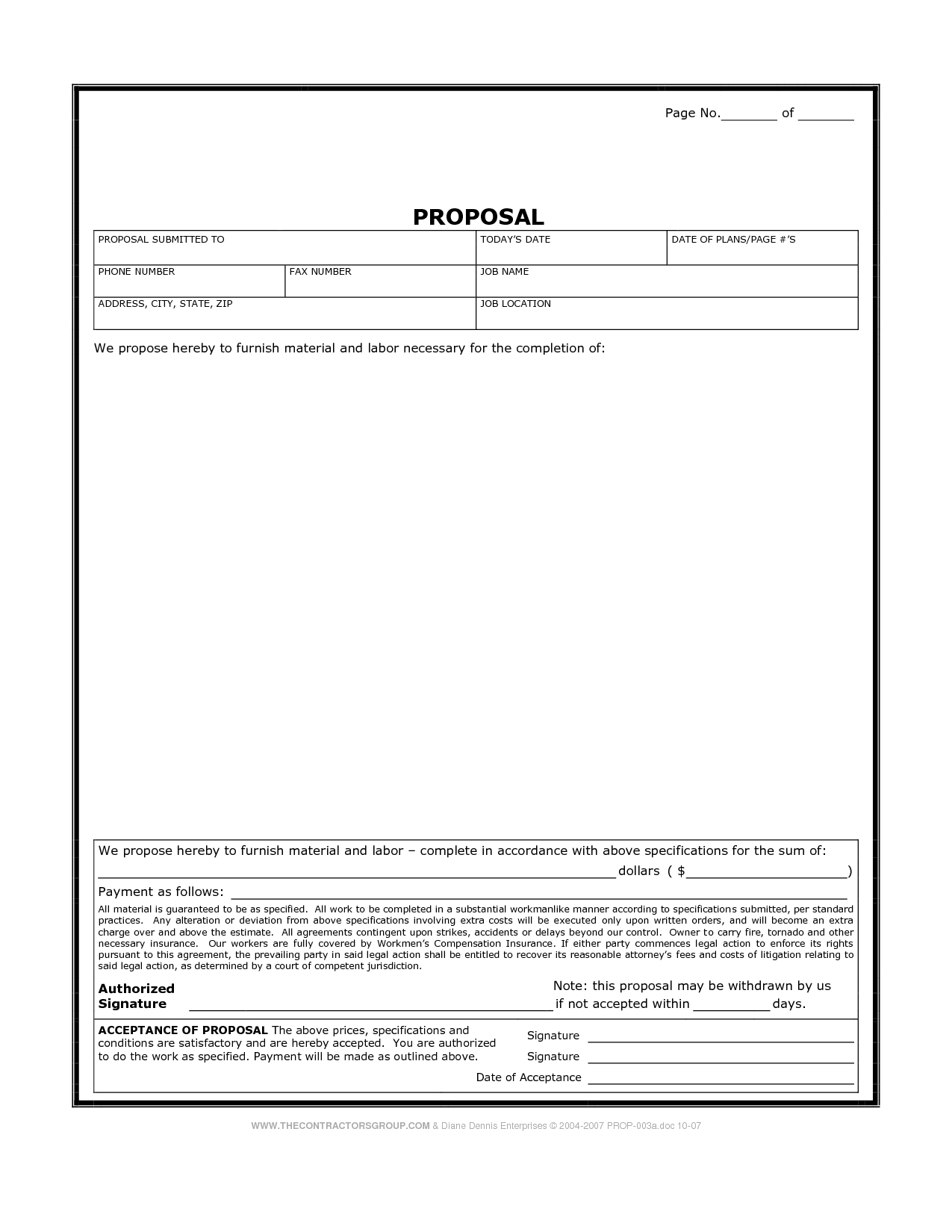 Printable Blank Bid Proposal Forms | Construction Proposal Bid Form - Free Printable Contractor Bid Forms