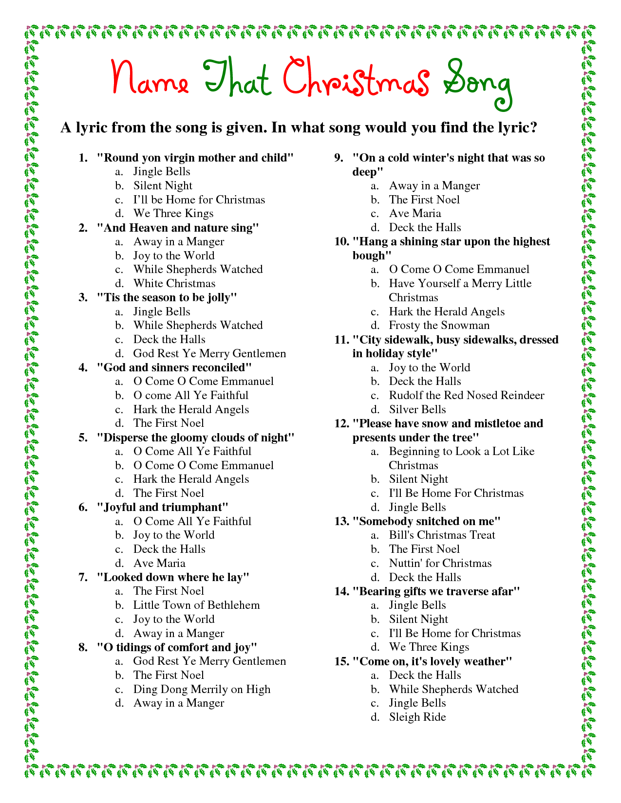 Printable Christmas Song Trivia | Christmas | Christmas Trivia - Christmas Song Lyrics Game Free Printable