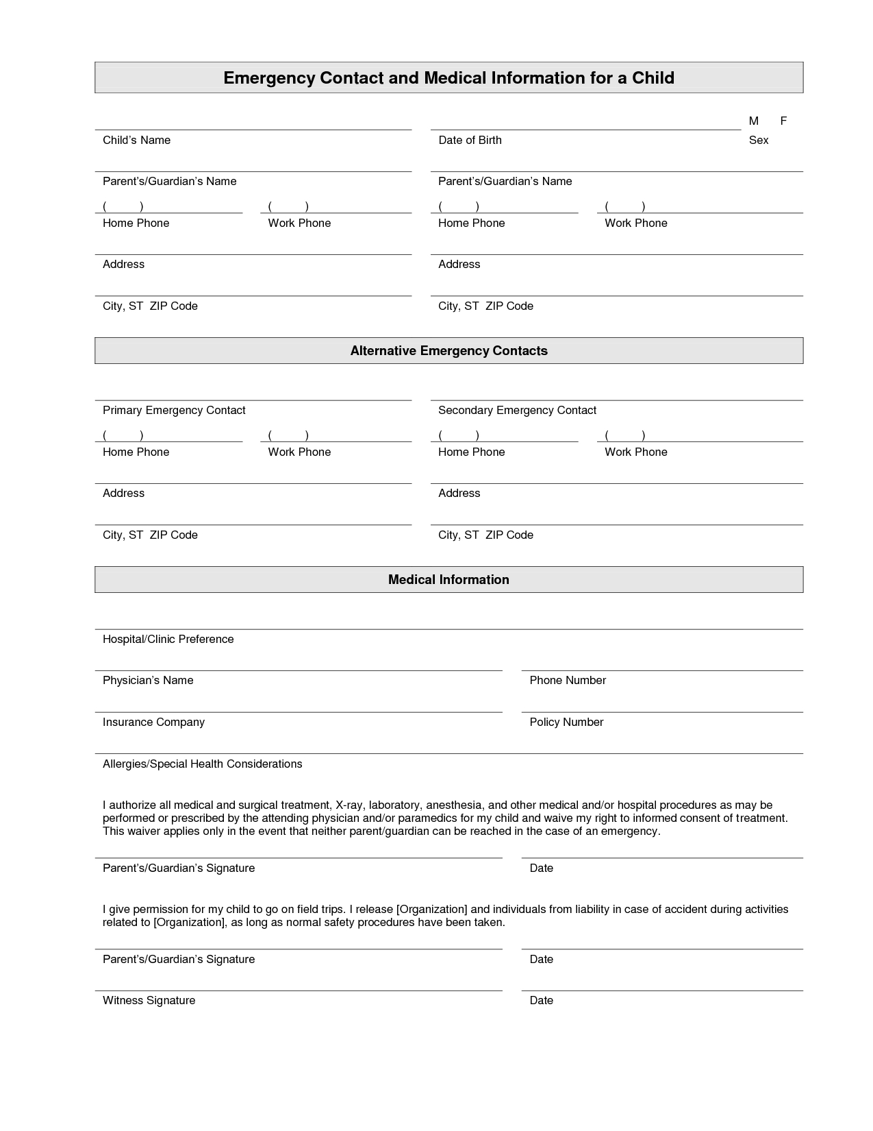Printable Emergency Contact Form Template | Home Daycare | Pinterest - Free Printable Daycare Forms