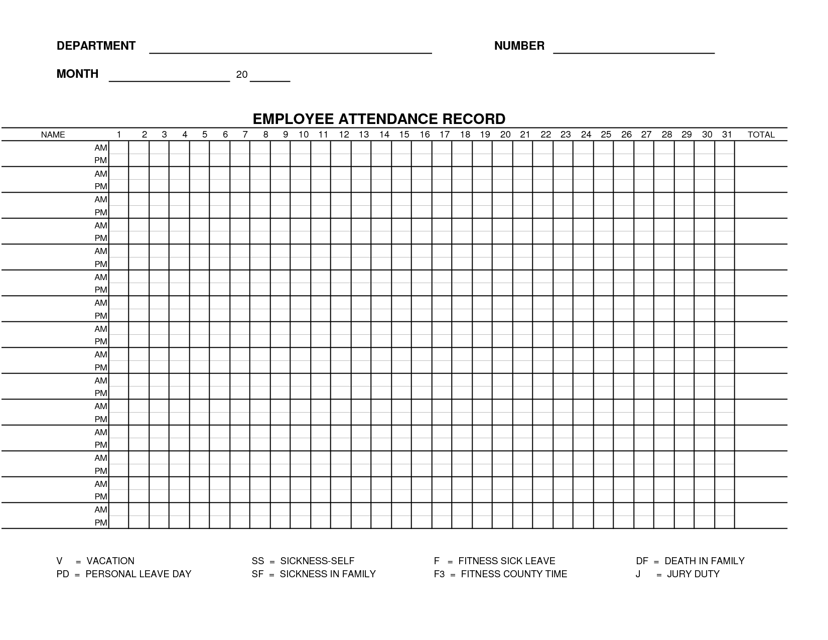 Printable Employee Attendance Sheet Template | Form 15 - Employee - Free Printable Attendance Forms For Teachers