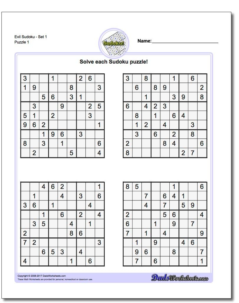 Printable Evil Sudoku Https://www.dadsworksheets/puzzles/sudoku - Download Printable Sudoku Puzzles Free