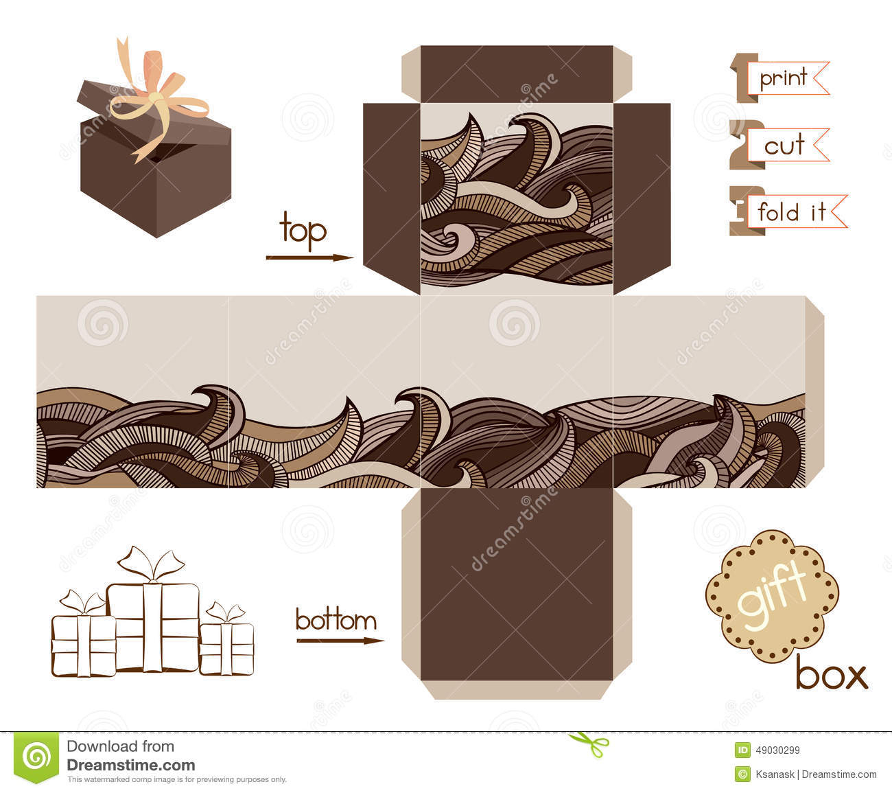 Printable Gift Box With Abstract Wavy Pattern Stock Vector - Printable Box Templates Free Download