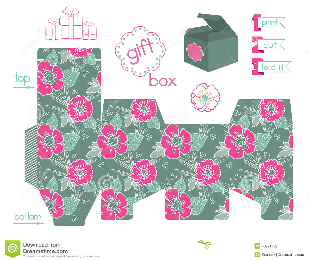 Printable Gift Box With Poppies Pattern Stock Vector - Illustration - Printable Box Templates Free Download