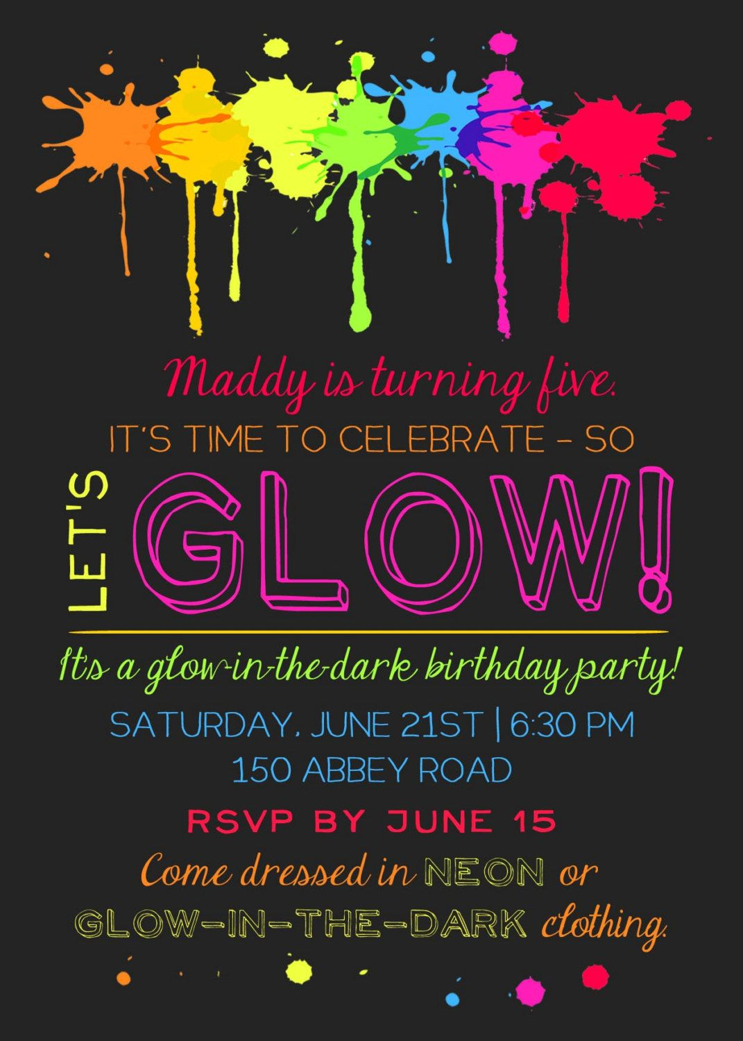 Printable Glow In The Dark Theme Party Invitation - Free Printable Glow In The Dark Birthday Party Invitations