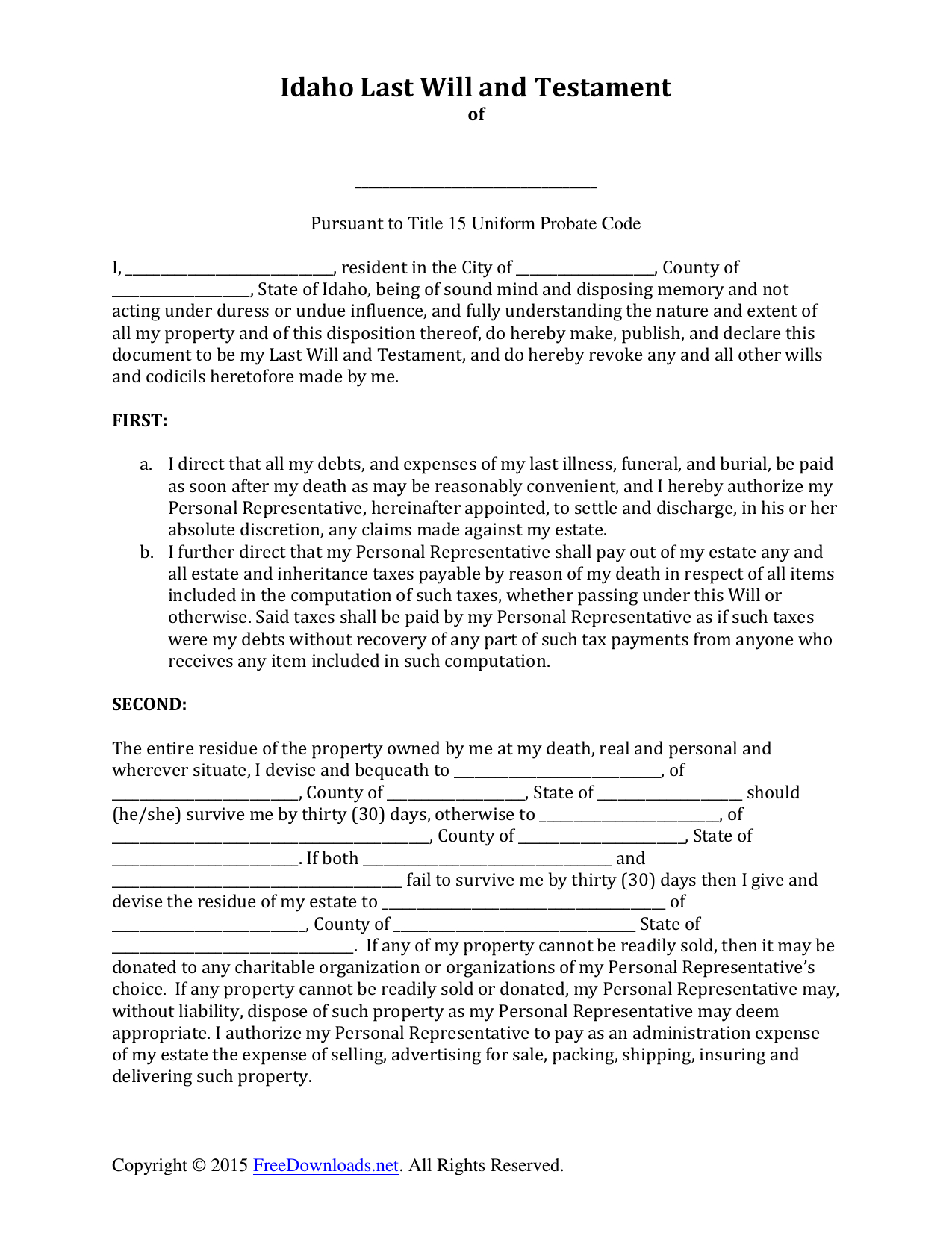 Printable Idaho Last Will And Testament Forms Free - 8.11 - Free Printable Will Forms