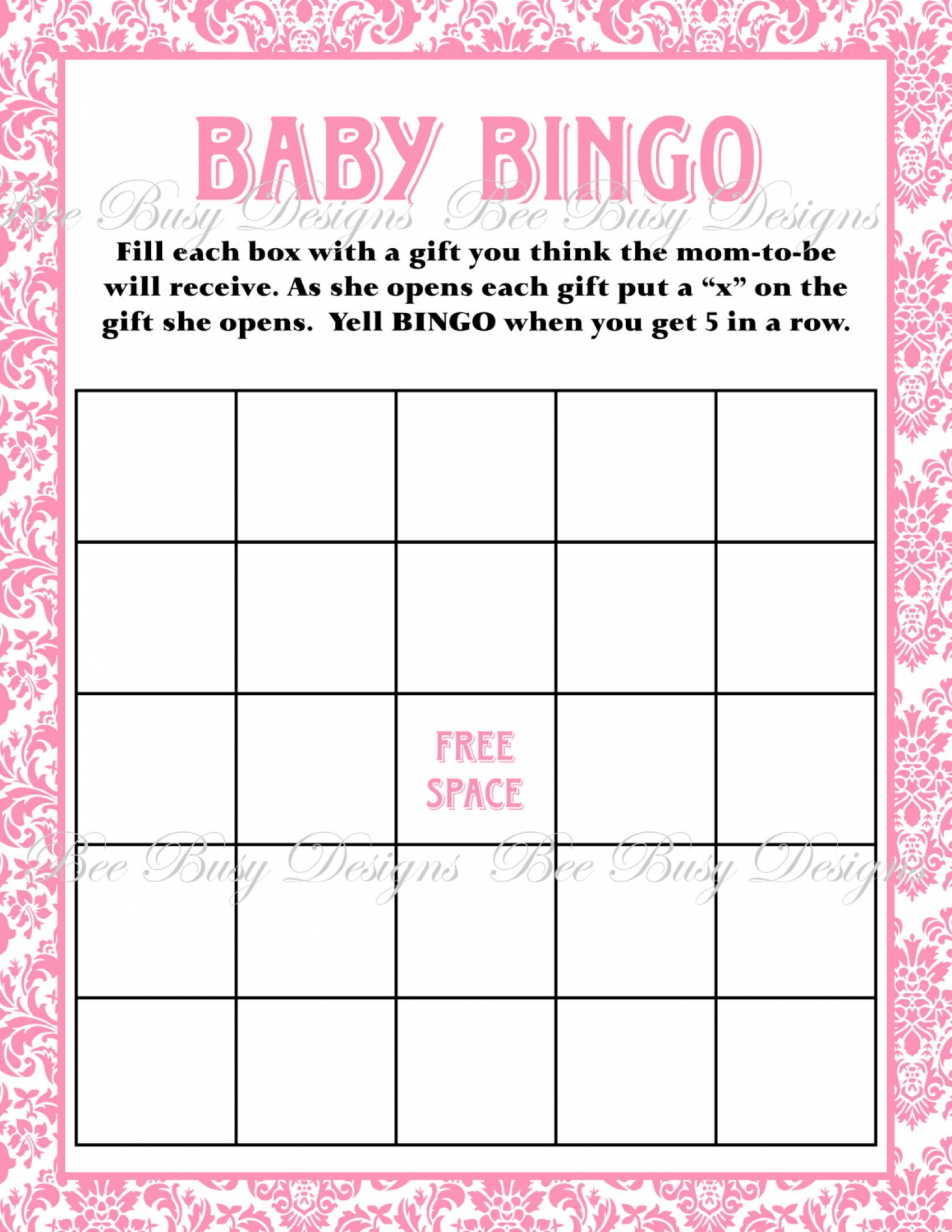 Printable Pink Damask Baby Shower Bingo Game Instant Download | Bee - Baby Bingo Game Free Printable