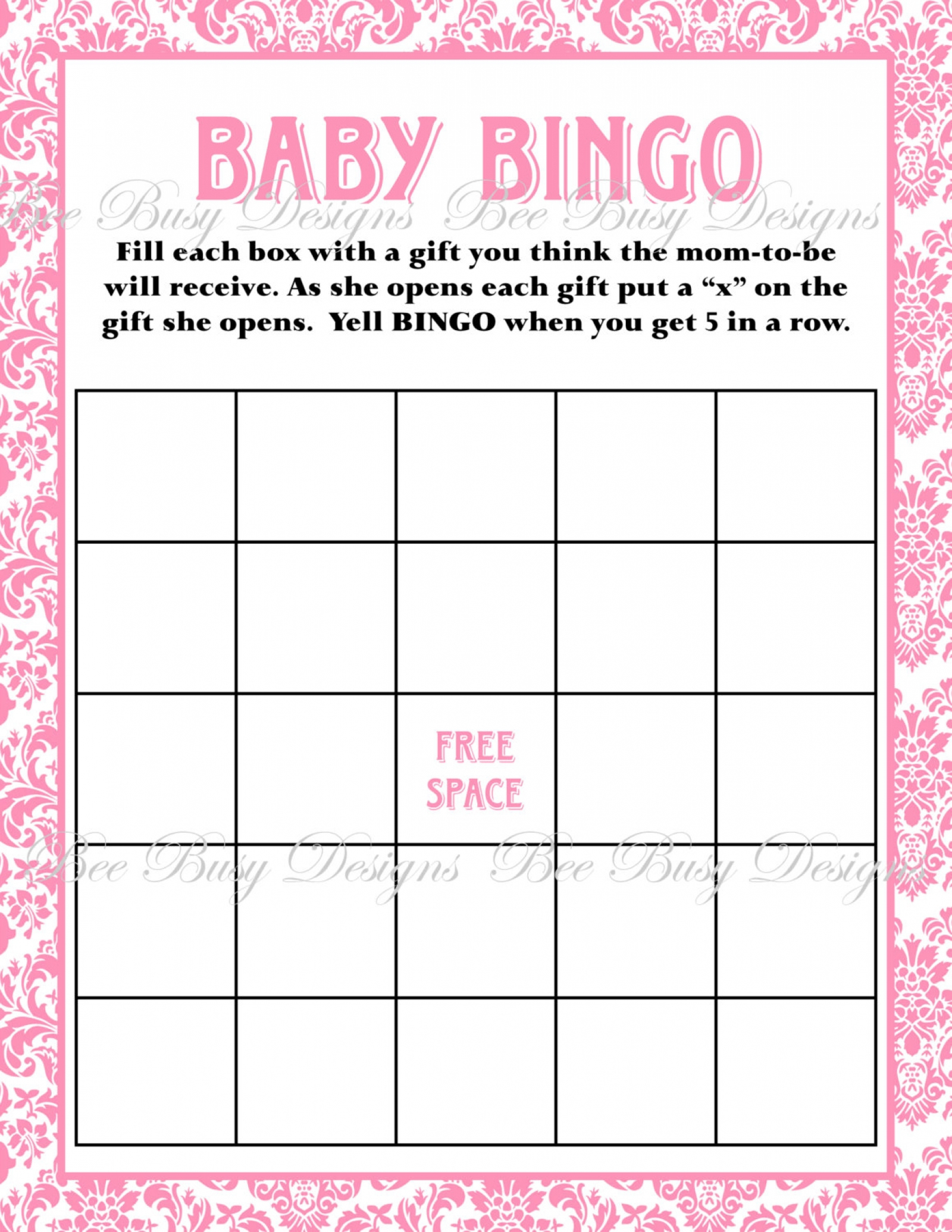 Printable Pink Damask Baby Shower Bingo Game Instant Download | Bee - Printable Baby Shower Bingo Games Free