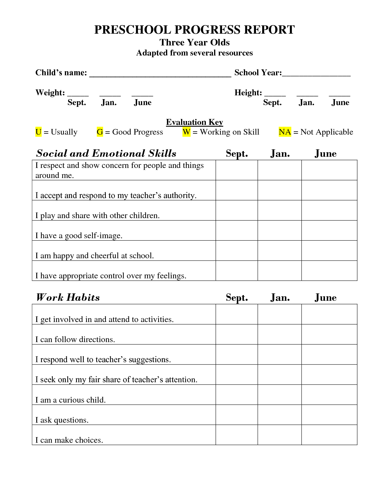 Printable Preschool Progress Report Template | Kg | School Report - Free Printable Preschool Report Cards