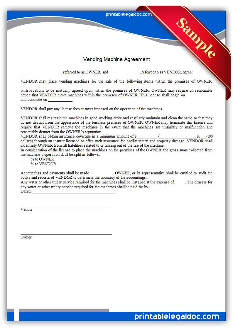 Printable Vending Machine Agreement Template | Printable Legal Forms - Free Printable Service Contract Forms