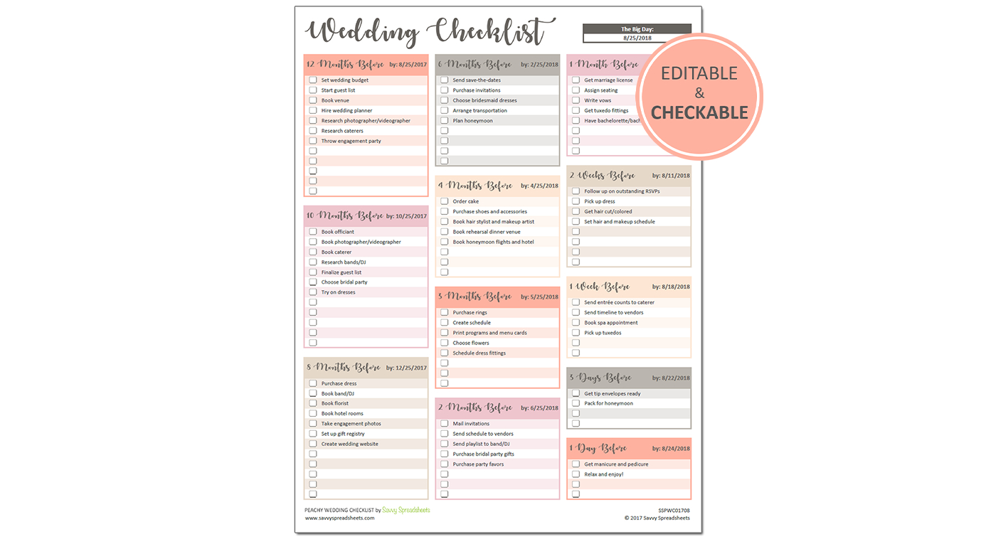 Printable Wedding Checklist - Excel Template - Savvy Spreadsheets - Free Printable Wedding Checklist