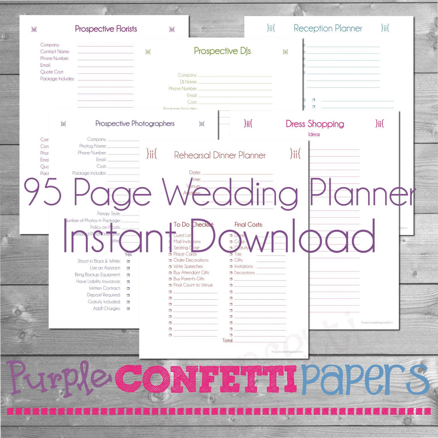 Printable Wedding Planner 95 Pages Instant Download Kit | Etsy - Free Printable Wedding Planner Pdf